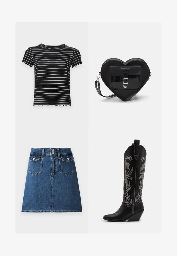 Čierny krátky rukáv s rebrovaným dizajnom a bielymi horizontálnymi pruhmi. Detail s oblúkovými manžetami a výstrihom zlepšuje jeho vzhľad. Vhodný na voľnočasové nosenie.; Denimová sukňa v tmavomodrej farbe, so priliehavým pásom, dvoma prednými vreckami, dvoma zadnými vreckami a zapínaním na strieborné gombíky.; Čierne kožené kovbojské čižmy s špicatými prstami, klinovými podpätkami a striebornými vyšívanými kvetinovými vzormi po celej dĺžke. Kontrastné šitie po celom povrchu.; Čierna taška v tvare srdca vyrobená z lakovanej kože má predné vrecko so zapínaním na pracku a odnímateľný popruh. Strieborné kovanie.