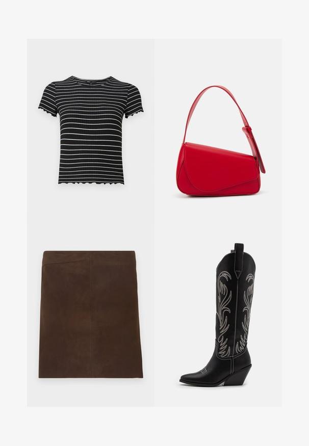 Čierny krátky rukáv s rebrovaným dizajnom a bielymi horizontálnymi pruhmi. Detail s oblúkovými manžetami a výstrihom zlepšuje jeho vzhľad. Vhodný na voľnočasové nosenie.; Hnedá semišová mini sukňa s čistým a jednoduchým dizajnom. Má rovný strih a hladké vertikálne švy pre minimálne detaily.; Čierne kožené kovbojské čižmy s špicatými prstami, klinovými podpätkami a striebornými vyšívanými kvetinovými vzormi po celej dĺžke. Kontrastné šitie po celom povrchu.; Červená kožená kabelka s ostrým, geometrickým dizajnom. Má jeden nastaviteľný popruh a uzatváranie na klopu so šitím.
