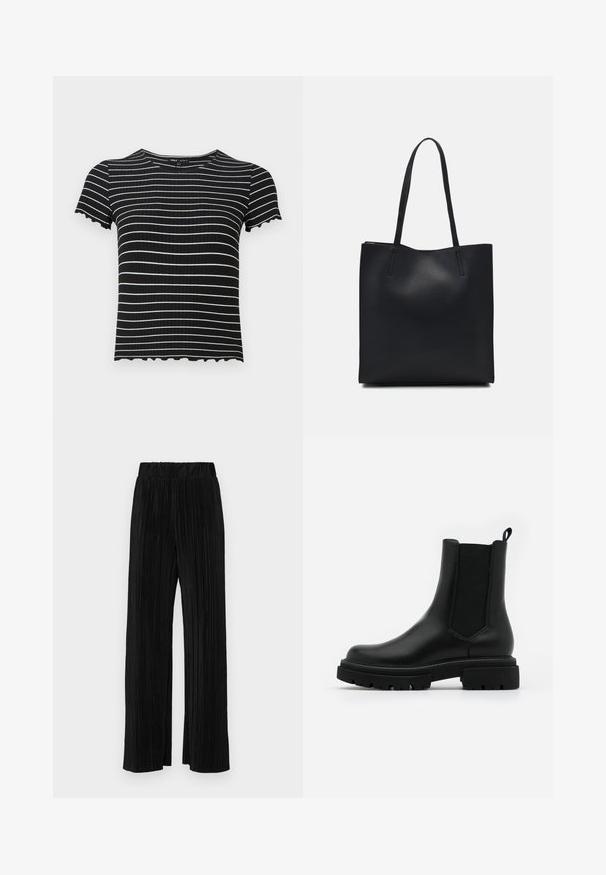 Must mustriba lühikeste varrukatega topp valgete horisontaalsete triipudega. Õmblustest lõikega krae ja varruka servad rikastavad selle disaini. Sobib igapäevaseks kandmiseks.; Mustad pleekitud püksid elastse vöökohtaga. Omavad laiad jalad ja sujuvat, tekstureeritud kangast vertikaalsete triipudega.; Mustad nahast Chelsea saapad, millel on sile pind, elastsed külgpaneelid, tõmbenöör ja paks kummist tald tekstureeritud mustriga.; Mustast nahast kott sujuva tekstuuriga, ristkülikukujuline ja kahe pika sangaga. Pole nähtavat riistvara ega kaunistusi.