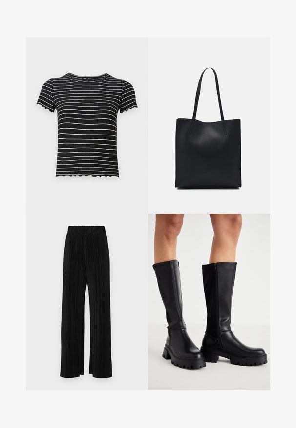 Top corto a maniche corte nero a coste con strisce orizzontali bianche. I dettagli con bordi ondulati ai polsini e al collo arricchiscono il suo design. Adatto per un abbigliamento casual.; Pantaloni neri a plissé con vita elasticizzata. Presentano gamba ampia e un tessuto liscio e texture con strisce verticali.; Stivali neri al ginocchio realizzati in morbida pelle sintetica, con una suola spessa, chiusura laterale a zip e puntale arrotondato.; Borsa tote in pelle nera con texture liscia, forma rettangolare e due manici lunghi. Nessun hardware o decorazione visibile.