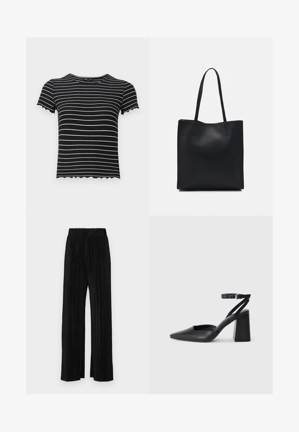 Czarna, prążkowana bluzka z krótkim rękawem w białe poziome paski. Falbaniaste wykończenie rękawów i dekoltu podkreśla jej design. Odpowiednia do codziennych stylizacji.; Czarne spodnie plisowane z elastycznym paskiem w talii. Posiadają szerokie nogawki oraz gładki, teksturowany materiał z pionowymi paskami.; Czarne skórzane czółenka z ostrym noskiem, z paskiem na kostce i grubym obcasem. Gładka faktura, elegancki design i minimalistyczna estetyka.; Czarna skórzana torba tote o gładkiej fakturze, prostokątnym kształcie i dwóch długich uchwytach. Brak widocznych elementów metalowych i ozdób.