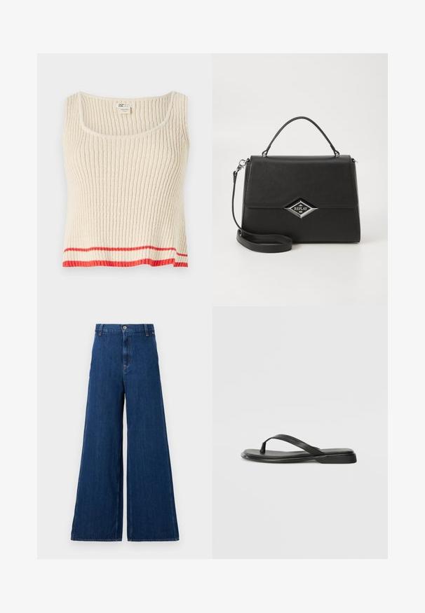 Krém színű bordázott ujjatlan póló, kerek nyakkivágással és piros vízszintes csíkkal az alján. Puha, texturált anyag, laza szabással.; Replay PANTS - Egyenes szárú farmer - dark blue; Fekete papucs sima bőrből, vékony pántkel és lapos talppal rendelkezik, minimális profilú. Nincsenek kiemelkedő minták vagy díszítések.; Fekete szintetikus táska struktúrált dizájnnal, felső fogantyúval, levehető vállpánttal és ezüst színű, gyémánt alakú logóval az elején.