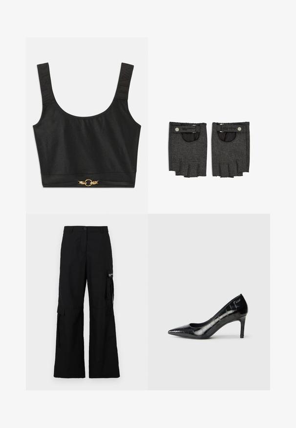 Top scurt negru cu bretele late; bretele texturate cu inscripția "JUST" debossată; dispune de elemente circulare de nuanță aurie la tiv.; Cămașă albă cu mânecă lungă, cu un design tip wrap, închidere cu nasturi, guler ascuțit și logo negru brodat pe piept. Textură fină din bumbac.; Pantaloni cargo negri cu un design cu picior larg, dotati cu buzunare laterale, inchidere cu nasture si realizati dintr-un material usor.; Pantofi cu toc înalt, cu vârful ascuțit, de culoare neagră, cu un finisaj lucios și un model texturat subtil. Au un toc de înălțime moderată și un design cu gât deschis.; Mânuși negre din denim fără degete, cu o finisare texturată, dotate cu o închidere tip capse și o deschidere pe zona încheieturii.