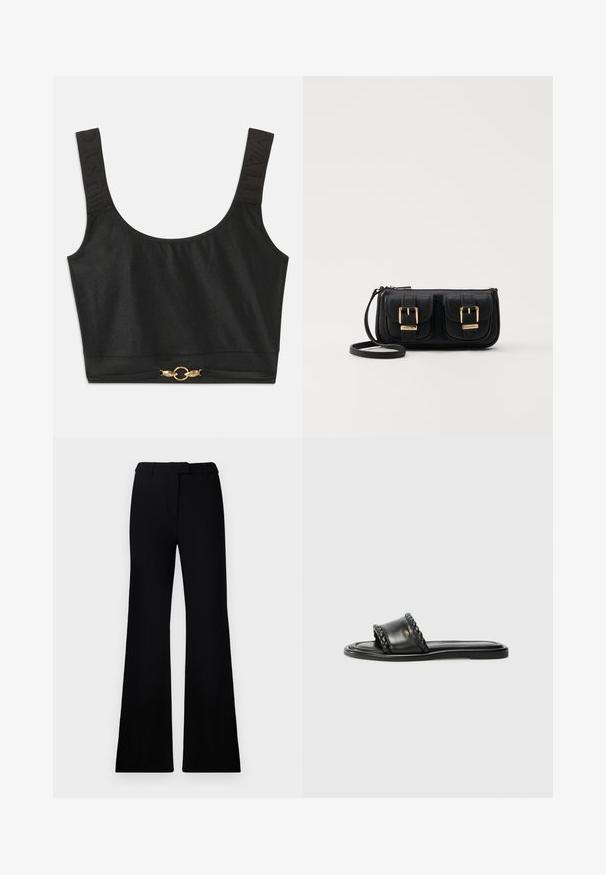 Černý zkrácený top s širokými ramínky; texturovaná ramínka s embosovaným nápisem "JUST"; obsahuje zlaté kulaté kovové detaily na spodním lemu.; Černé zvonové nohavice s hladkým povrchem, upraveným pasem a předními kapsami, navržené s elegantním, moderním siluetou.; Černé kožené sandály s tkaným detailem pásku, plochou podrážkou a elegantním designem. Hladký povrch a minimalistický profil.; Černá kožená crossbody taška se dvěma předními kapsami, zlatými přezkami, zipovým uzávěrem a štíhlým popruhem. Texturovaný povrch a kompaktní obdélníkový tvar.