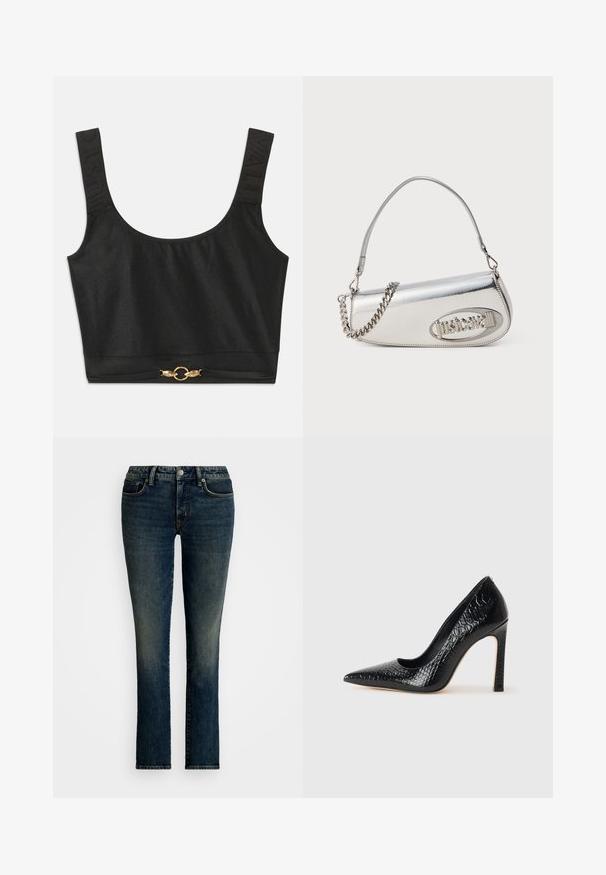 Črn skrajšan top z širokimi naramnicami; teksturirane naramnice z odtisnjenim napisom "JUST"; vsebuje zlat ton krožne okrasne dele na robu.; Temno modri kavbojke s ravnim krojem, pet žepov in svetlim zbledenjem spredaj. Zapenjanje z srebrnim gumbom in zadrgo.; Črne čevlje z visoko peto in konico v obliki puščice, z teksturo krokodilje kože, ki se ponašajo s sleek oblikovanjem, visokim stiletto peto in gladkim črnim notranjostjo.; Srebrna metalna torbica v obliku zaobljenega trikotnika, z logotipom, verižnim ročajem in gladko teksturo. Zadrga na strani.