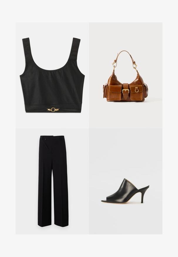 Zwarte cropped top met brede banden; gestructureerde banden met 'JUST' in reliëf; beschikt over gouden ronde hardware aan de onderrand.; Zwarte wijde broek met een rechte voorkant, knoopsluiting en een gladde stoftextuur. Heeft een rechte snit en strakke lijnen.; Zwarte leren open teen muiltjes met een elegante, gebogen vorm, hoge stilettohak en een soepele textuur. Het interieur heeft een contrasterende lichte kleur.; Bruine leren handtas met een gebogen vorm, dubbele gouden hardware, twee voorzakken en een brede schouderband. Soepele textuur met een elegante afwerking.