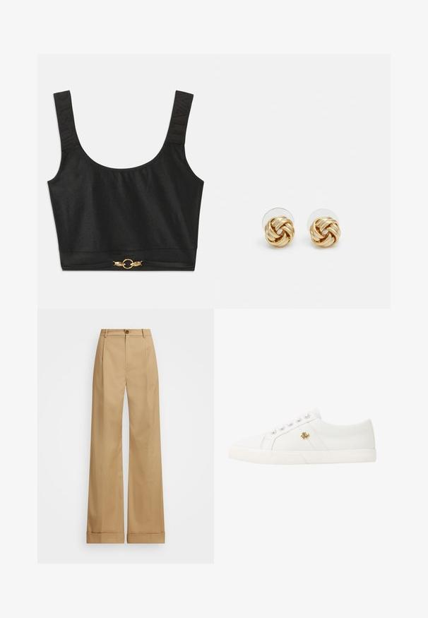Czarny krótki top z szerokimi ramiączkami; teksturowane ramiączka z tłoczonym napisem "JUST"; zawiera złote okrągłe elementy na dolnej krawędzi.; Beżowe spodnie o szerokich nogawkach z zapięciem na guzik, charakteryzujące się gładką teksturą i wyprasowanymi fałdami. Dodatkowo z mankietami dla lepszego wykończenia.; Lauren Ralph Lauren JANSON II CANVAS SNEAKER biały; Złote kolczyki w kształcie węzła z twisted design. Każdy kolczyk posiada okrągłe, przezroczyste oparcie zapewniające pewność noszenia.