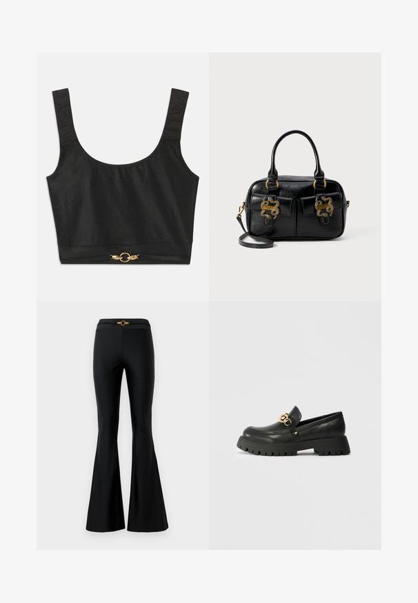 Svart avkortet topp med brede stropper; teksturerte stropper med "JUST" preget; har gulltonet sirkulært metallvedhenget i nederkanten.; Sorte flagrende bukser med en glat tekstur, der har en tætsiddende talje og en gylden cirkulær accent foran. Lavet af strækbart materiale.; Svart lær loafers med en tykk, teksturert gummisåle. Har en gullkjede-accent over vampen og en rund tådesign.; Svart teksturert lærveske med doble topphåndtak, to frontlommer og gullhardware. Har en avtakbar skulderstropp.