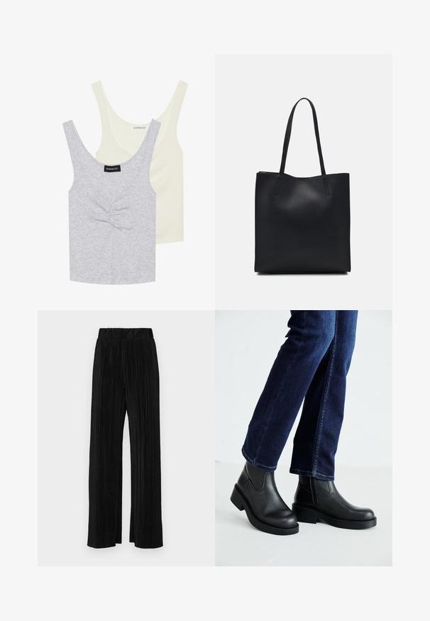 Two tank tops: one light gray with a textured pattern and front buttons, and one solid cream. Both have wide straps and a scoop neckline.; Black pleated trousers with an elastic waistband. Features wide legs and a smooth, textured fabric with vertical stripes.; Black leather ankle boots with a chunky sole and side elastic panels, paired with dark blue jeans. The ground is light-colored.; Black leather tote bag with smooth texture, rectangular shape, and two long handles. No visible hardware or embellishments.