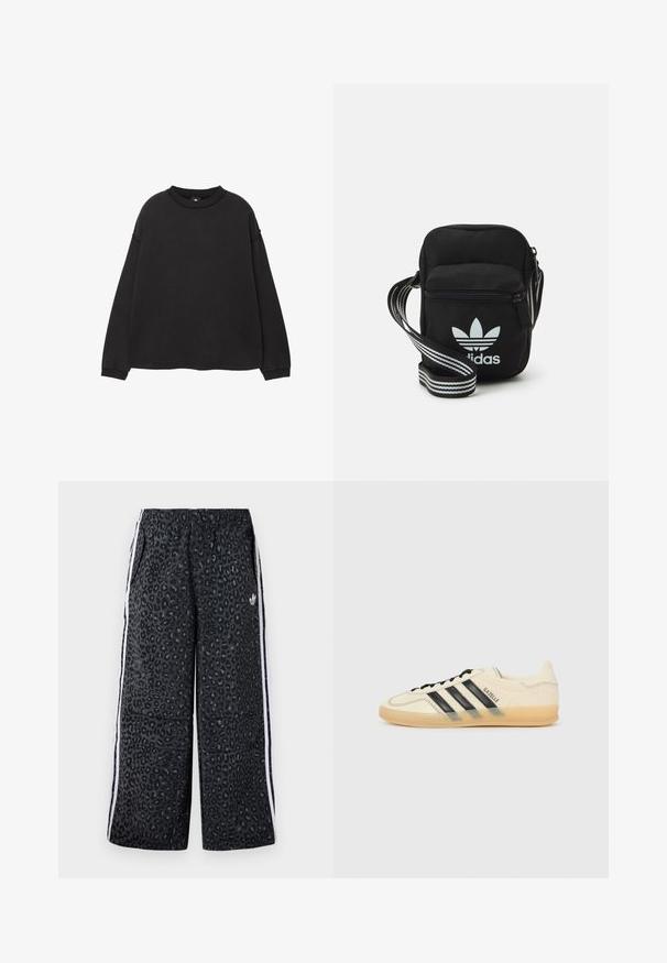 Czarny długi rękaw dresowy, wykonany z miękkiej bawełny. Posiada okrągły dekolt, opadające ramiona oraz ściągacze przy mankietach i u dołu. Gładka faktura.; adidas Originals UNISEX czarny; Jasna kremowa sneakersy z czarnym wzorem trzech pasków, teksturowana cholewka, okrągły nosek i gumowa podeszwa. Posiada sznurówki i logo po boku.; Czarna torba crossbody wykonana z materiału, z zamknięciem na zamek błyskawiczny, z białym logo Adidas oraz regulowanym paskiem w paski, co ułatwia noszenie.
