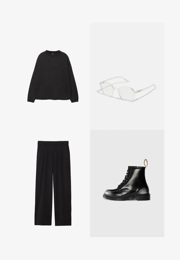 Crna dukserica dugih rukava napravljena od mekanog pamuka. Ima okrugli izrez, spuštena ramena i rebraste rukave i donji rub. Glatka tekstura.; Crne široke hlače s nabranim prednjim dijelom, bočnim džepovima i glatkom teksturom tkanine. Dizajnirane za opušteni kroj.; Crne kožne gležnjače s sjajnom završnom obradom, osam rupa za vezanje, crne vezice i petlja za lakše obuvanje. Imaju teksturiranu potplate s uzorkom.; Prozirne osmerokutne naočale s prozirnim lećama i tankim prozirnim plastičnim okvirom. Osobine uključuju suptilne detalje na rubovima okvira.