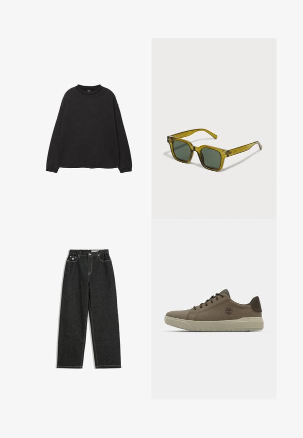 Schwarzes Langarmshirt aus weichem Baumwollmaterial. Mit rundem Halsausschnitt, überschnittenen Schultern sowie gerippten Ärmelbündchen und Saum. Sanfte Textur.; Schwarze gerade geschnittene Jeans mit weißen Nähten, Fünf-Taschen-Design, Knopf- und Reißverschluss, und einem kleinen Logo auf der vorderen rechten Tasche.; Braune Ledersneaker mit niedriger Profil, Gummisohle und grünen Akzenten; ausgestattet mit Logo an der Seite und strukturierten Paneelen für besseren Grip.; Grün getönte Sonnenbrille mit transparenten rahmen aus gelb-grünem Kunststoff, quadratischer Form, breiten Gläsern und Metallakzenten an den Scharnieren.