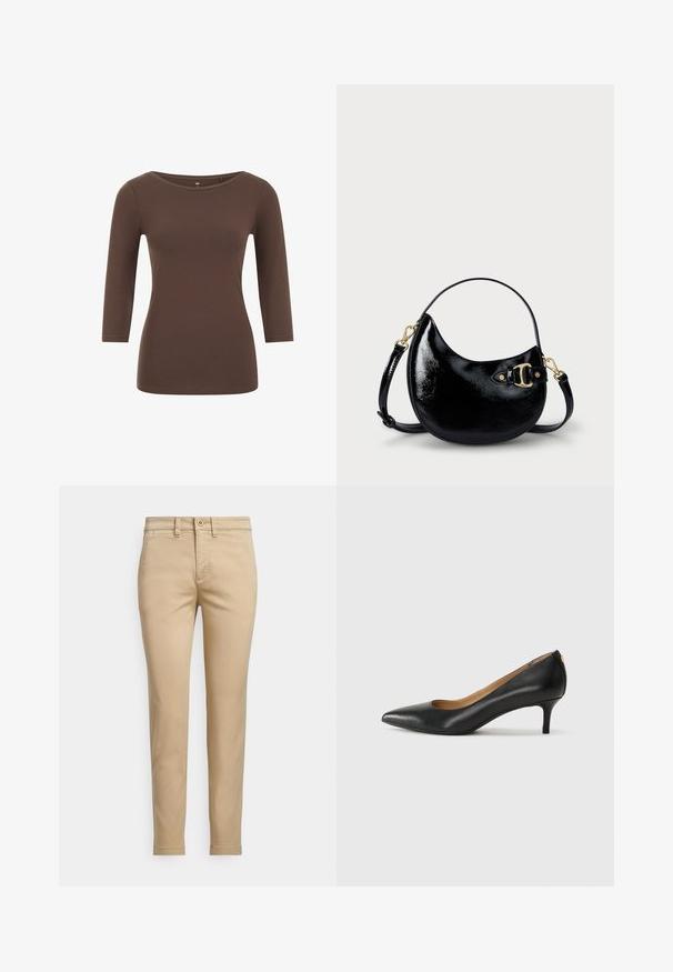 Rudas ilgomis rankovėmis marškinėliai su apvaliu kaklu, pagaminti iš minkštos medžiagos. Turi prigludusią siluetą ir lygų paviršių.; Smėlio spalvos medvilninės chino kelnės su tiesia forma, turinčios sagos užsegimą, priekinėse kišenėse ir siūlių siuvinėjimo detales.; Juodos odinės aukštakulnės bateliai su smailiu nosiu, žemu kulnu ir lygiu paviršiumi. Priekyje yra nedidelis atvirumas, o gale minimalus apdaila.; Juodas patentuotas odinis rankinukas su išlenkta forma, reguliuojamu diržu ir auksinių tonų detale šone. Lygus, blizgus paviršius.