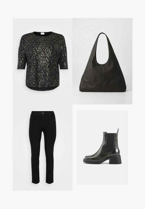 Fekete felső fényes arany függőleges mintával, kerek nyakkal, háromnegyedes ujjakkal és ívelt aljjal. Az anyag simának és könnyűnek tűnik.; Fekete farmernadrág, slim fit szabásban, öt zsebbel, elöl gombos zárással és enyhe rugalmassággal a kényelem érdekében. Simaság, lapos textúra minimális részletezéssel.; Fekete bőr bokacsizmák sima felülettel, rugalmas oldalsó panelekkel és vastag sarkakkal. Jellemzőjük egy húzófül, amely megkönnyíti a felvételt.; Fekete bőr válltáska ívelt fogantyúval, hosszúkás háromszög alakú és sima tapintású. Jellemző rá a minimalista dizájn, melyen nincsenek látható fémrészek.