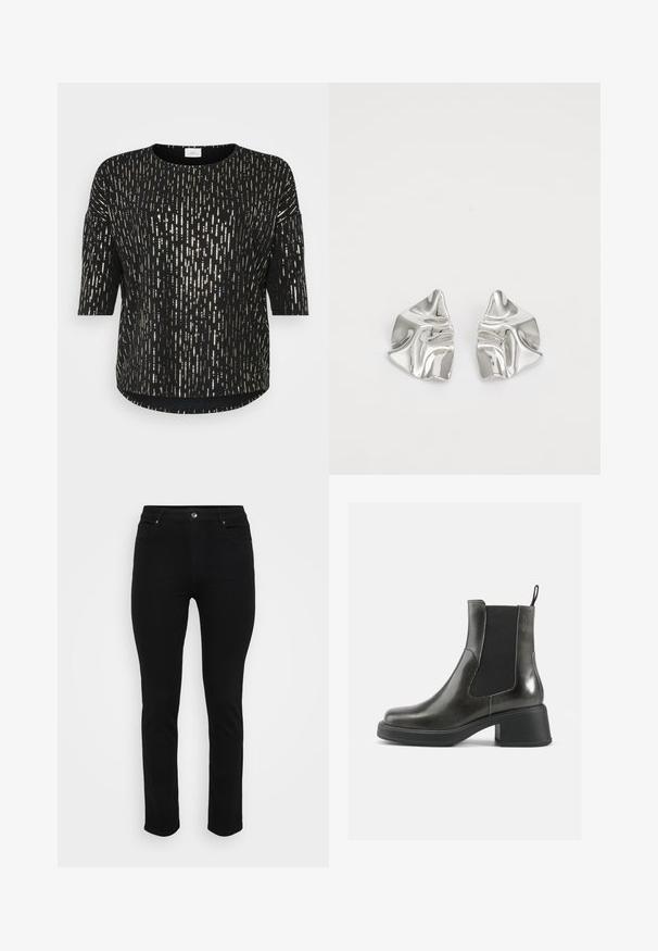 Juodas viršus su metaliniais auksiniais vertikaliais raštais, apvaliu kaklu, trijų ketvirčių rankovėmis ir kreivu hemu. Audinys atrodo lygus ir lengvas.; Juodi džinsai su siauru pasisekimu, penkių kišenių dizainu, priekiniais užsegimais ir šiek tiek tampri, kad būtų patogiau. Lygus, švelnus paviršius su minimaliais dekoratyviais elementais.; Juodos odinės kulkšninių botai su lygia apdaila, elastingais šonais ir storu kulnu. Yra vilkimo kilpa, skirta patogesniam apsiaustui.; Sidabriniai metaliniai Auskarai su banginiu, skulptūriniu dizainu, pasižymintys poliruotu paviršiumi ir nereguliariomis formomis, išryškinančiomis šiuolaikišką estetiką.