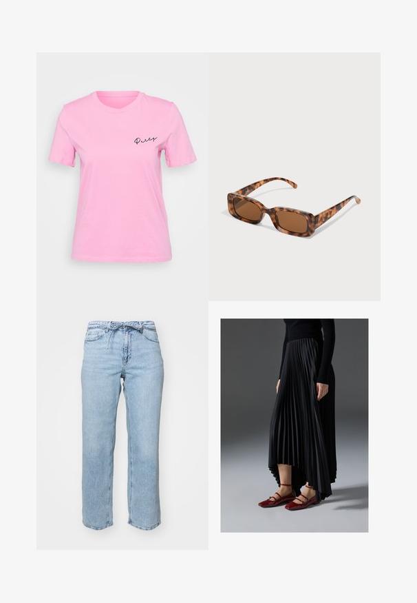 Růžové bavlněné tričko s krátkým rukávem, kulatým výstřihem a nápisem "Party" v kurzívě černým písmem na levé části hrudi.; Světle modré džíny z denimu s uvolněným rovným střihem, pěti kapsami a pasem s poutky na opasek. Ošoupaný vzhled s jemným vyblednutím.; Černá plisovaná sukně s vysokým předním a nízkým zadním lemem, kombinovaná s lesklými červenými balerínami se strapkovým designem. Tkanina má hladký povrch.; Kočičí brýle se želvovinovým vzorem, obdélníkové hnědé čočky, silný rám a úzké nožičky s různými odstíny hnědé.; Stříbrné kruhové náušnice s hladkým, lesklým povrchem. Dvě velikosti, které se mírně liší. Jednoduchý, kulatý design, lehké.