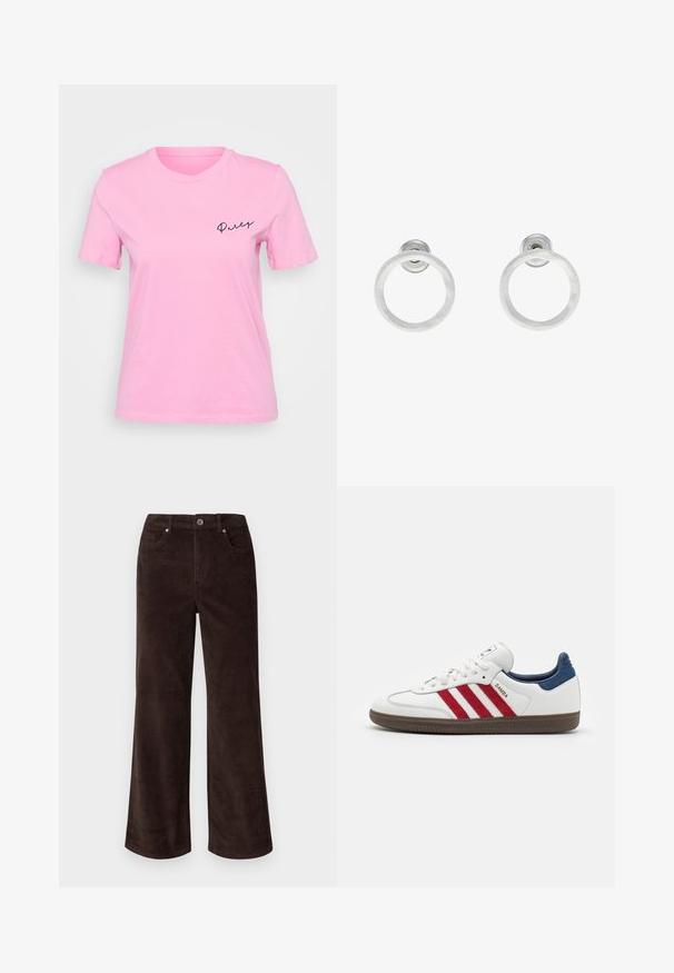 Camiseta de algodón rosa con mangas cortas, un escote redondo y la palabra "Fiesta" en texto cursiva negra en la zona del pecho izquierdo.; Vero Moda Petite VMTESSA PANTS - Pantalones - chocolate torte; Zapatilla blanca con franjas de ante rojo, acento de ante azul en el talón y una suela de goma marrón texturizada. Presenta cierre de cordones y logotipo.; Pendientes de aro de metal plateado con una textura cepillada, que presentan un diseño circular y un respaldo transparente para un uso seguro.