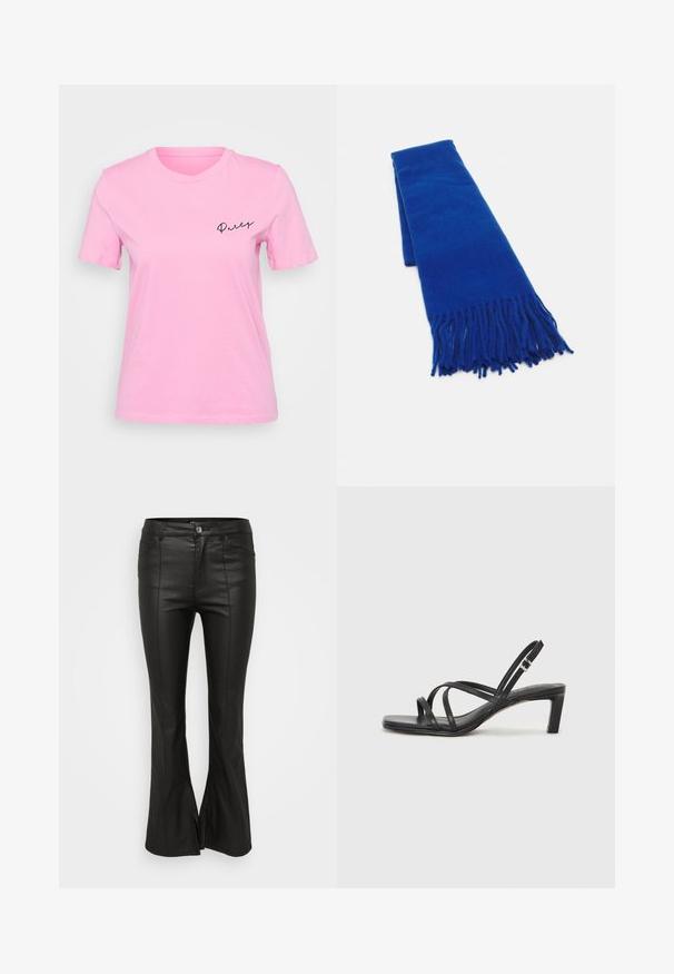 Roosa puuvillane T-särk, millel on lühikesed varrukad, ümmargune kaelus ja sõna "Party" musta kalligraafia stiilis tekstina vasakul rinnaku kohal.; Mustad flared püksid läikiva, nahataolise tekstuuriga, ees taskutega, nööpkinnitusega ja külgsliteedega alläärs.; Mustast rihmajalatsid ruudukujulise varba ja madala ploki kontsaga. Omab mitmeid õhukesi rihmasid ja reguleeritavat pahkluu rihma. Valmistatud siledast nahast.; Sinine kudumisega sall, millel on soonilised otstes, sile tekstuur, ristküliku kujuga ja ühtlane värv kogu ulatuses. Sobib külmade ilmade jaoks.; Hõbedane kahekordne rõngas sujuva, poleeritud pinnaga. Omab voolavat, kõverat disaini, millel on kattuvad sektsioonid, et saavutada kaasaegne ilme.