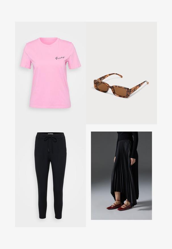 Pink cotton t-shirt featuring short sleeves, a round neckline, and the word "Party" in cursive black text on the left chest area.; Black tapered pants made of stretchy fabric, featuring a drawstring waist, two front pleats, and a smooth texture.; Black pleated skirt with a high-low hem, paired with glossy red flats featuring a strap design. The fabric has a smooth texture.; Tortoiseshell sunglasses with rectangular brown lenses, a thick frame, and slim arms featuring a pattern of varying shades of brown.
