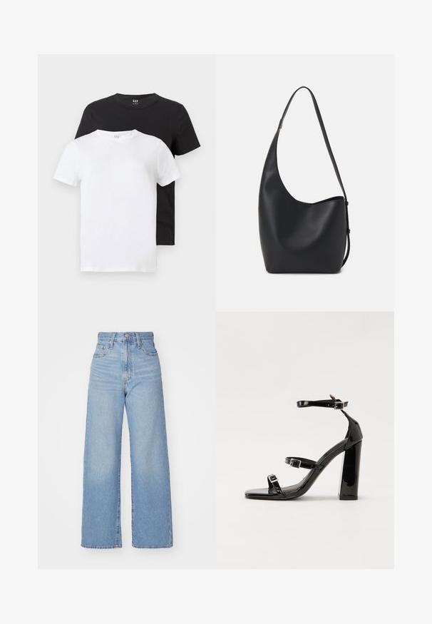 Două tricouri: unul alb și unul negru, ambele cu mâneci scurte și decolteu rotund, realizate din bumbac cu o textură netedă.; Jeans cu talie înaltă, de culoare albastru deschis, cu croială largă, dotate cu nasture și fermoar la față, buzunare în față și spate, pe un fundal alb.; Sandale cu toc din patent negru, cu vârf pătrat, curele la gleznă și catarame din argint. Dispune de un toc gros pentru stabilitate.; Geantă hobo din piele neagră, cu o textură netedă, formă curbată și un singur bretele ajustabil; are o deschidere largă în partea de sus.