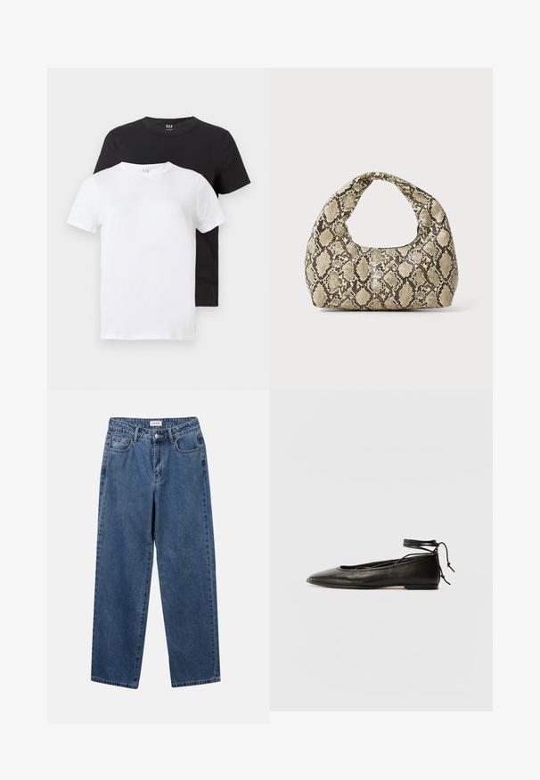 Divas T-kreklas: viens balts un viens melns, abiem īsām piedurknēm un apaļu kakla izgriezumu, izgatavoti no kokvilnas ar gludu tekstūru.; Klasiskie zili džinsi ar taisnu kāju dizainu, pieciem kabatām un pogu aizdari. Iezīmējas ar vidēju mazgāšanu un izturīgu tekstūru.; Melnas ādas baleta kurpes ar smailu purngalu, potītes saitēm un plakanu zoli, kas izceļas ar gludu tekstūru un minimālistisku dizainu.; Čūsku raksta soma ar izliekto rokturi. Izgatavota no teksturētiem, bēšiem un brūniem materiāliem, ar izteiksmīgu dimanta rakstu.
