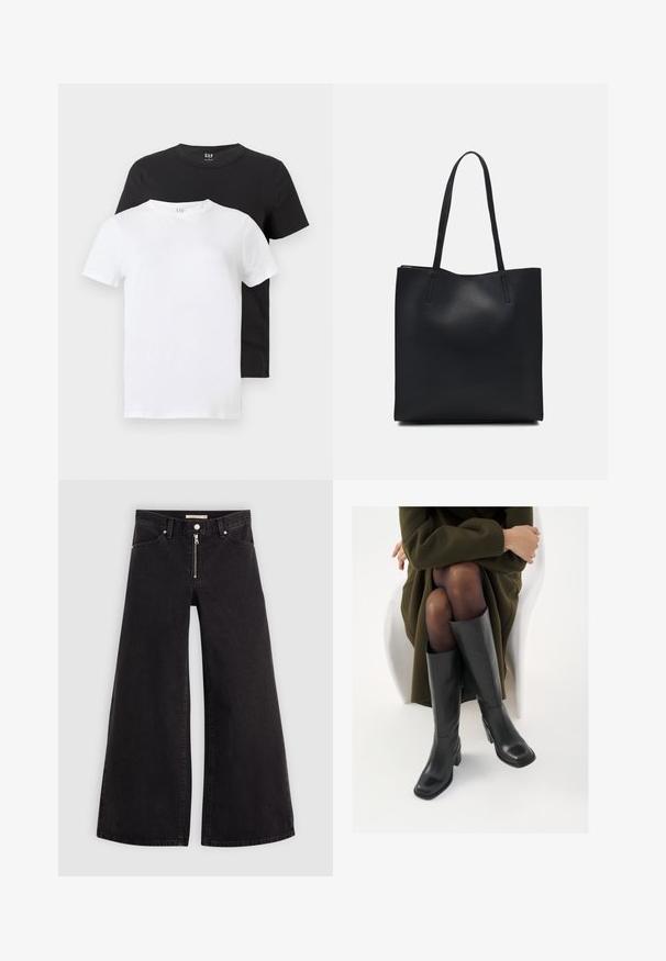 Duas camisetas: uma branca e uma preta, ambas com mangas curtas e decote redondo, feitas de algodão com uma textura suave.; Calças de ganga de perna larga em denim preto com fecho éclair à frente, design de cinco bolsos e detalhes de costura subtil. Textura suave e estilo casual.; Botas de couro pretas até ao joelho com biqueira quadrada e salto em bloco, apresentadas com um modelo sentado num casaco verde-azeitona. Textura lisa, com detalhes mínimos.; Bolsa tote preta em couro com textura lisa, forma retangular e duas alças longas. Sem hardware ou enfeites visíveis.
