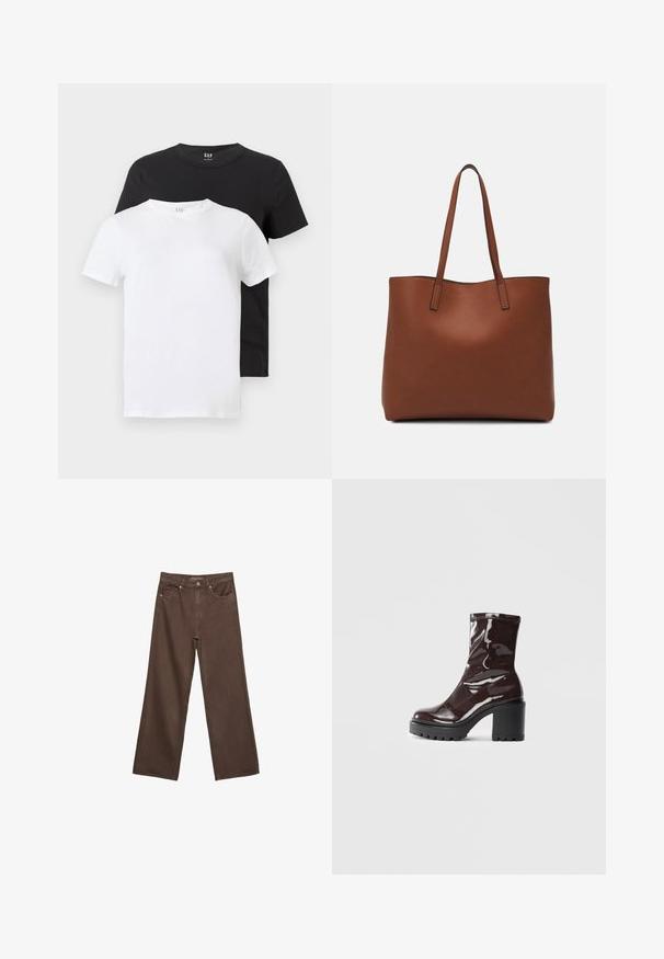 Dve majice: ena bela in ena črna, obe s kratkimi rokavi in okroglo ovratnikom, narejeni iz bombaža z gladko teksturo.; Široke rjave kavbojke iz denima, ki imajo visok pas, sprednje žepe in klasično zapiranje na gumb. Gladka tekstura s subtilnim šivom.; Sijajan škrlatank z bleščečim videzom, z masivnim črnim peto, ki se ponaša z gladko teksturo in preprostim dizajnom. Brez vidnih zapenjal ali vzorcev.; Rjava usnjena torba z gladko teksturo, odprto zasnovo zgoraj in dvema naramnima trakovoma. Opremljena je z minimalnim šivanjem in brez vidnih kovinskih delov.