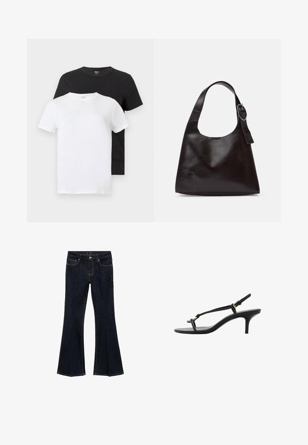 Kaksi T-paitaa: yksi valkoinen ja yksi musta, molemmat lyhythihaisilla ja pyöreällä kaula-aukolla, tehty puuvillasta ja sileästä tekstuurista.; Tummansinisiä farkkuhousuja, joissa on korkea vyötärö, etutaskut ja leveät lahkeet, esiteltynä litteänä valkoista taustaa vasten.; Mustat nahkakengät, joissa on kissankorko, ohuet hihnat, kultainen solki ja minimalistinen varvaslenkki valkoisella taustalla.; Ruskea nahkainen olkalaukku, jossa on sileä rakenne, pyöreä muoto, leveä hihna ja pyöreä metallikoriste kahvassa.