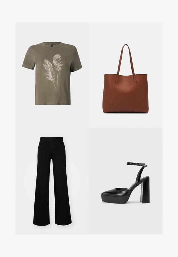 Oliivroheline puuvillane t-särk lühikeste varrukatega, millel on valge sulgedega trükk ja ümmargune kaelus.; Mustad mustad püksid, mis on valmistatud denimist, struktuurse vöökohtade, vöökootidega ja esikottidega. Sile tekstuur klassikalise disainiga.; Mustad platvormi kontsad terava ninaga ja reguleeritava pahkluuraamiga. Valmistatud siledast nahast, funktsioneerib massiivse plokknäheeliga.; Pruun nahast tote-kott, millel on sile tekstuur, avatud ülaosa disain ja kaks õlarihma. Omab minimaalset õmblust ja nähtavat riistvara ei ole.