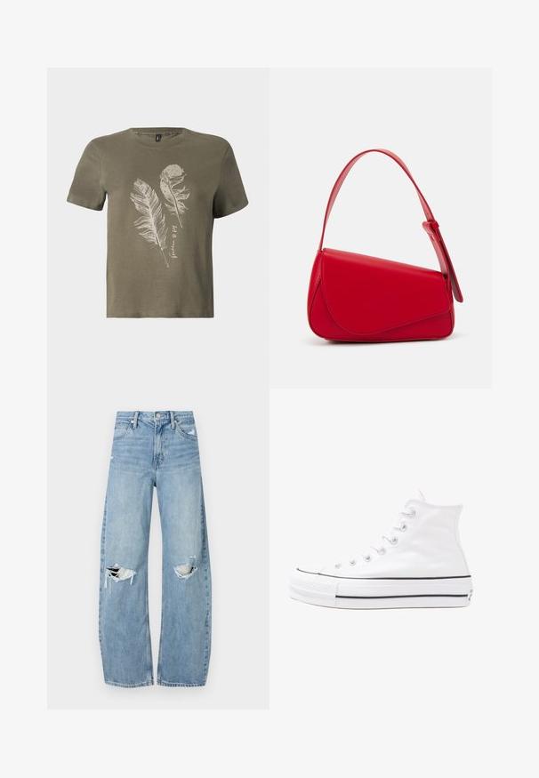 Olive green cotton t-shirt with short sleeves, featuring a white feather print design and a round neckline.; Light blue, high-waisted jeans made of denim. Feature wide legs, two torn knee areas, and classic five-pocket styling.; White high-top canvas sneaker with black rubber sole, front rubber toe cap, and six eyelets for laces, featuring a clean, minimalist design.; Red leather handbag with an angular, geometric design. Features a single adjustable strap and a flap closure with stitched detailing.