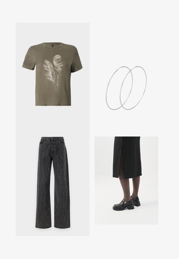 Maslinasto zelena pamučna majica s kratkim rukavima, s printom bijelih pera i okruglim izrezom.; Noisy May NMJANNEL LOOSE - Traperice opuštenog kroja - black denim; Crne kožne cipele s zaobljenim vrhom, debelim blok petama i elastičnim bočnim detaljima, uparene s tamnim čarapama i crnom suknjom s prorezom.; Srebrne okrugle naušnice s minimalističkim dizajnom. Kružni oblik, glatka tekstura i tanak profil. Lagane s poliranim završetkom.