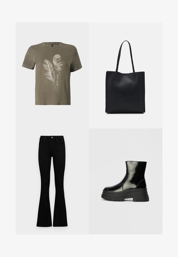 Olijfgroene katoenen t-shirt met korte mouwen, voorzien van een witte verenprint en een ronde halslijn.; Zwarte hoge taille jeans met een knoop- en ritssluiting, voorzakken en een flared pijp, plat gelegd op een witte achtergrond.; Zwarte glanzende enkelboot met dikke profielzool en ronde neus, zijaanzicht op een effen lichtgrijze achtergrond.; Zwarte leren handtas met een gladde textuur, rechthoekige vorm en twee lange handvaten. Geen zichtbare hardware of versieringen.