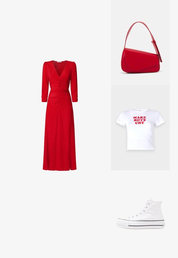 Noisy May NMMOLLY - T-shirt estampada - bright white; Vestido vermelho com decote em V, mangas até o cotovelo e detalhes drapeados na cintura e nas costas. O tecido parece suave e leve.; Sapatilha alta de tela branca com sola de borracha preta, bico de borracha na frente e seis ilhós para os atacadores, apresentando um design limpo e minimalista.; Bolsa de mão em couro vermelho com um design angular e geométrico. Apresenta uma única alça ajustável e um fecho com aba, com detalhes cosidos.