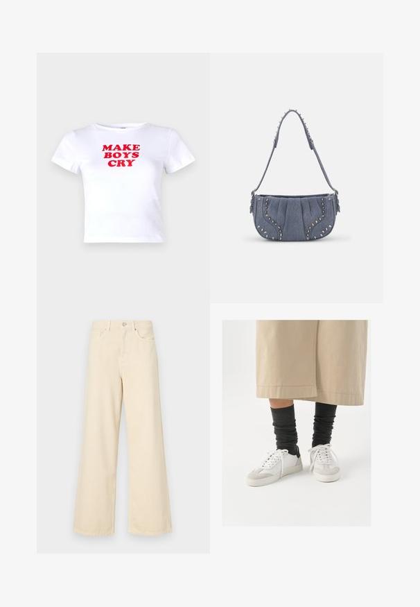 Noisy May NMMOLLY - Apdrukāts T-krekls - bright white; Bežīgas platpēdas džinses, izgatavotas no kokvilnas. Iekļauj pogu aizdari, jostas cilpas un priekšējos kabatas ar gludu, mīkstu tekstūru.; Baltas un pelēks sneakers ar melnu papēža akcentu, ar gludu ādas virsu un teksturētu zamšu purngali. Nēsāti ar tumši pelēkām, vaļīgām zeķēm.; Denim plecu soma ar krokotas dizainu, zilas krāsas, ar sudraba kniedēm gar malām un teksturētu siksnu.