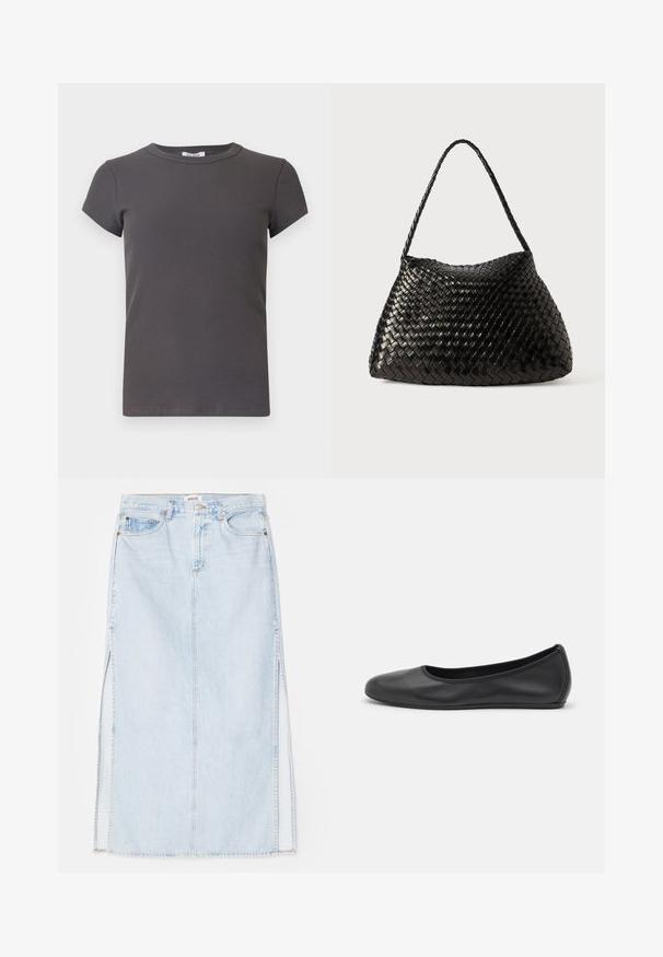 Maglietta corta grigia a maniche corte con scollatura rotonda. Realizzata in tessuto morbido, presenta un motivo texturizzato e una silhouette aderente.; Gonna maxi in denim azzurro chiaro con taglio dritto, dotata di spacchi laterali e design a cinque tasche. Cuciture in evidenza e chiusura con bottone in metallo.; Pantofole da balletto nere in pelle con punta arrotondata, texture liscia, dettagli di cucitura minimi e design con suola flessibile.; Borsa a tracolla in pelle intrecciata nera con una forma morbida e curvata, dotata di una singola tracolla intrecciata, caratterizzata da una texture liscia e un motivo intricato.