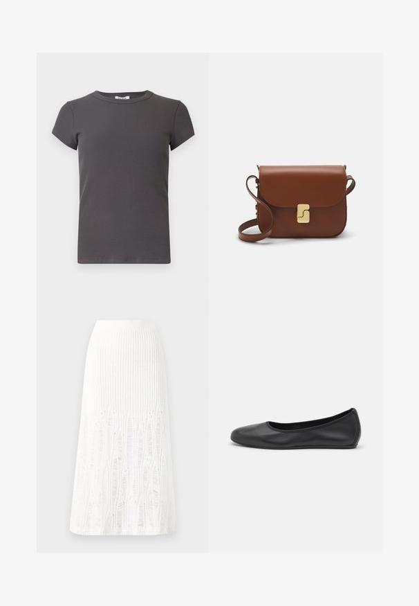 Grå ribbet kortærmet t-shirt med rund halsudskæring. Lavet af blødt stof, med et struktureret mønster og en tætsiddende silhuet.; Strikket hvid midi-nederdel med et tekstureret mønster med vertikale linjer og udskæringer nær kanten. Elastisk talje. Blødt materiale.; Sort læderballetsko med rund tå, glat tekstur, minimal syning og et fleksibelt såldesign.; Brun læder håndtaske med flaplukning, hardware i gyldent tone, en skulderrem og en glat overflade. Kompakt rektangulær form.