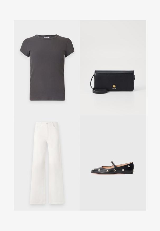 Grijze ribbel korte mouwen t-shirt met een ronde hals. Gemaakt van zachte stof, met een gestructureerd patroon en een aansluitende pasvorm.; Witte, hoogwaist, wijde jeans van denim. Heeft een knoopsluiting, twee voorkruiszakken en zijnaadstiksel details.; Zwarte leren Mary Jane ballerina met een ronde neus, voorzien van zilveren ronde studs en een verstelbaar bandje met een gesp.; Zwarte leren portemonnee met een slank rechthoekig formaat, voorzien van een gouden logo. Inclusief een afneembare schouderband voor draaggemak.