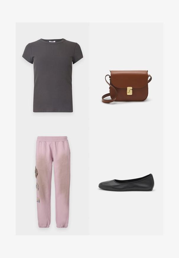 Pelēks ribots īsām piedurknēm T-krekls ar apaļu kakla izgriezumu. Izgatavots no mīksta auduma, ar teksturētu rakstu un pieguļošu siluetu.; Rozā sporta bikses ar elastīgu jostu, kurām labajā pusē ir dekoratīvi uzliktni dimanta formā un elastīgas apkakles pie potītēm.; Melna ādas baleta kurpe ar noapaļotu purngalu, gludu tekstūru, minimālu šuvju detalizāciju un elastīgu zoles dizainu.; Bordo ādas rokas soma ar atloku, zeltītām detaļām, plecu siksnu un gludu virsmu. Kompakta, taisnstūrveida forma.