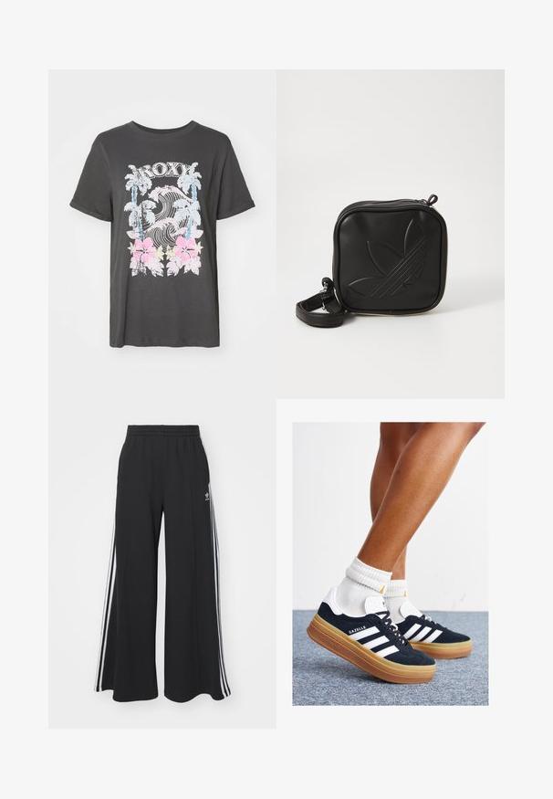 Svart bomullströja med en Roxy-logotyp, palmer, vågor och rosa hibiskusblommor i en vintage sliten grafisk design.; Svarta vida sweatpants med elastisk midje, med vita sidosträck och en broderad logotyp på vänster lår.; Svarta sneakers i mocka med vita ränder och detaljer, rundad tå, yttersula i gummiblandning, kombinerade med vita ribbade crew-strumpor.; Svart fyrkantig crossbody-väska i texturerat syntetmaterial. Har en präglad logodesign och justerbar rem. Dragkedjestängning.