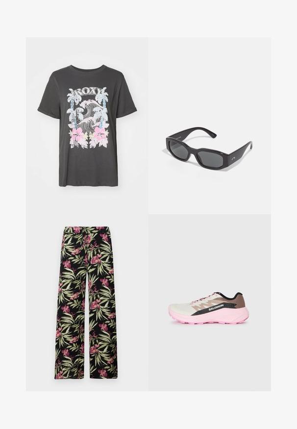 Musta puuvillapaita, jossa on Roxy-logo, palmupuita, aaltoja ja vaaleanpunaisia hibiskuskukkia vintage-tyyppisessä kuluneessa graafisessa suunnittelussa.; Kangas leveät housut mustassa kankaassa, jossa on kukkakuosi pinkeillä orkideoilla ja vihreillä lehdillä. Tasainen pinta ja rento istuvuus.; Kevyt juoksukenkä valkoisena, ruskeana ja vaaleanpunaisena. Varustettu hengittävällä päällisellä, teksturoiduilla harmailla yksityiskohdilla ja vaaleanpunaisella kumipohjalla.; Musta suorakulmainen aurinkolasit tummilla linsseillä. Paksu muovikehys, jossa on sileä pinta ja hienovarainen brändäys sivussa.