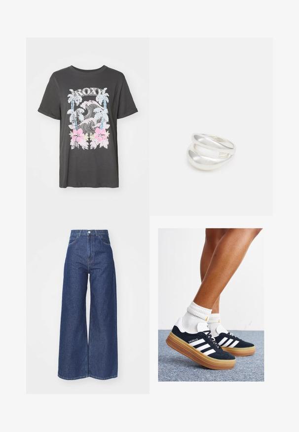 Sort bomulds T-shirt med et Roxy-logo, palmer, bølger og lyserøde hibiscusblomster i et vintage slidstærkt grafisk design.; Bredde ben jeans lavet af mørkeblå denim. Høj talje med lynlås og knaplukning. Har klassisk fem-lomme stil og omfoldede kanter.; Sorte sneakers i ruskind med hvide striber og detaljer, rundet tå, ydersål i gummi, kombineret med hvide ribstrikkede crew sokker.; Sølvring med dobbeltbånd og en glat, poleret overflade. Den har et flydende, buet design med overlappende sektioner for et moderne udtryk.