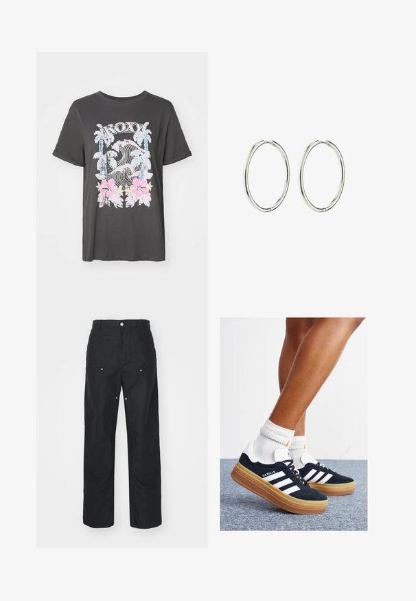 Black cotton t-shirt featuring a Roxy logo, palm trees, waves, and pink hibiscus flowers in a vintage distressed graphic design.; Black trousers with a straight-leg design, made of a textured fabric. Features decorative silver hardware and unique seam detailing.; Black suede sneakers with white stripes and accents, rounded toe, gum rubber outsole, paired with white ribbed crew socks.; Silver hoop earrings with a smooth, polished finish. Round shape, lightweight design, featuring a secure clasp mechanism.