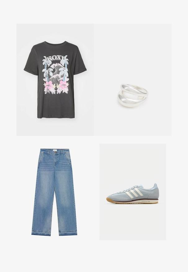 Sort bomulds T-shirt med et Roxy-logo, palmer, bølger og lyserøde hibiscusblomster i et vintage slidstærkt grafisk design.; Lyseblå højtaljede wide-leg jeans med knaplukning, frontlommer, bæltestropper og diskret falmet detaljer.; Lyseblå ruskinds sneaker med hvide tre striber, gummisål og tekstureret mesh. Har en glat tåhætte og branding på hælen.; Sølvring med dobbeltbånd og en glat, poleret overflade. Den har et flydende, buet design med overlappende sektioner for et moderne udtryk.