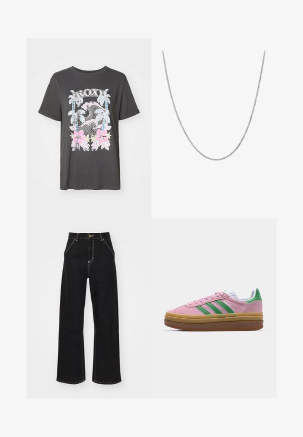 Black cotton t-shirt featuring a Roxy logo, palm trees, waves, and pink hibiscus flowers in a vintage distressed graphic design.; Black wide-leg jeans made of denim, featuring contrasting white stitching and a front button closure, with two angled front pockets.; Pink suede sneakers with green stripes, white accents, and a brown rubber sole. Features textured fabric and logo detailing on the side.; Silver chain necklace with a smooth, round flat link design. Features a shiny finish and measures approximately 20 inches in length.