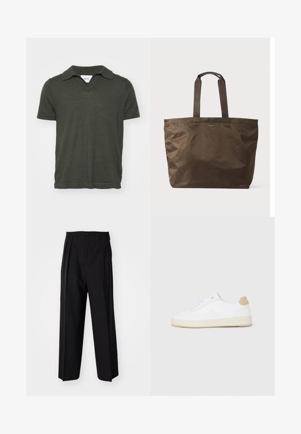 NN.07 RYAN - Poloskjorter - dark green; Sorte plissert bukser med en rett, bred benform. Laget av glatt stoff, med knappelukking og beltehemper.; Hvite lave sneakers med overdel i teksturert skinn, kremfarget såle med ribber og en brunt fargeklatt på hælen. Har hvite lisser og logodetalj på hælen.; Brun nylon tote bag med to stoffhåndtak og en glatt tekstur. Har minimal merking på forsiden.