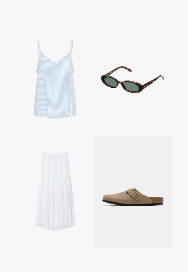 Modrý a biely pruhovaný top na ramienka s tenkými ramienkami, s výstrihom do V a voľným, splývavým strihom. Mäkká textúra látky.; Biela, tierovaná maxi sukňa vyrobená z ľahkej tkaniny. Má elastický pás a voľný dizajn s jemnou, subtílnou textúrou.; Bežové dreváky s okrúhlou špičkou, nastaviteľnou sponou a korkovou stielkou. Textúrovaný povrch s čiernou gumovou podrážkou na lepšiu priľnavosť.; Slnečné okuliare v štýle korytnačiny s oválnymi rámami a zelenými sklami. Majú tenké nožičky s kovovým akcentom pri pántoch.