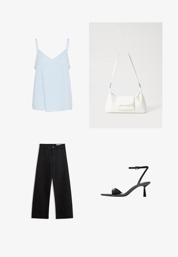 Blue and white striped camisole top with thin shoulder straps, featuring a V-neck design and a loose, flowing shape. Soft fabric texture.; Black wide-leg denim pants with a high waist, featuring front and back pockets, stitched seams, and a button closure. Smooth texture.; Bershka High heeled sandals - black; White synthetic handbag with a triangular shape, flat front flap and bow detail, adjustable strap, smooth texture, and minimalistic design.