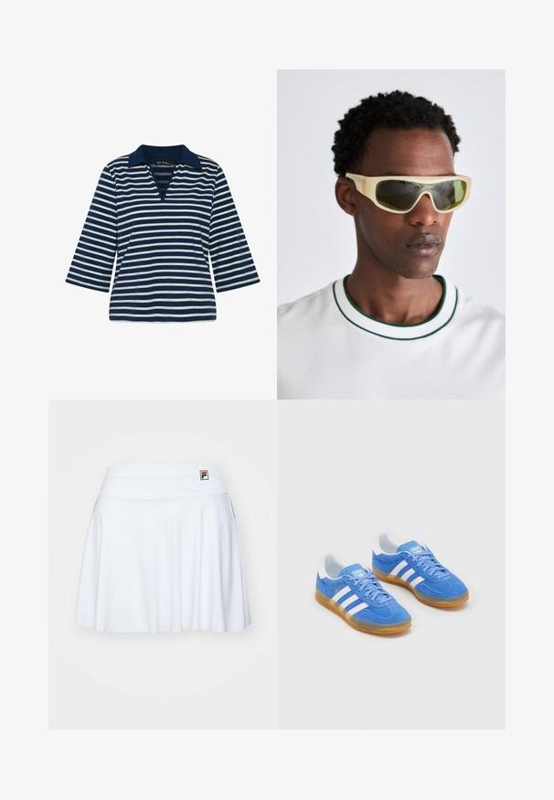 Navyblaue und weiße gestreifte Pullover-Bluse mit Kragen, V-Ausschnitt und drei Viertel langen Ärmeln aus weichem Stoff.; Weißer Tennisskirt aus dehnbarem Material, mit einem glatten Bund und dezenten Falten, versehen mit einem kleinen Logo-Tag in der oberen linken Ecke.; Blaue Wildleder-Sportschuhe mit weißen Streifenakzenten, Gummisohle und gepolsterter Kragen für Komfort. Verfügt über ein klassisches Schnürdesign.; Sonnenbrille mit einem durchsichtigen gelben Rahmen und grün getönten Gläsern. Winkeliges Design mit breiten Bügeln, getragen mit einem weißen Hemd mit grünen Akzenten.