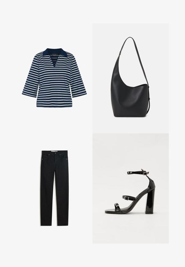 Mørkeblå og hvid stribet pullover med krave, V-udskæring og trekvartlange ærmer lavet af blødt stof.; Sorte denimbukser med lige ben, fem lommer, metalknaplukning og diskrete syningsdetaljer. Glat tekstur.; Sorte patenterede hælsandaler med firkantet tå, ankelremme og sølvspænder. Har en chunky blokHæl for stabilitet.; Sort læder hobo taske med en glat overflade, buet form og en enkelt justerbar rem; har en bred åbning øverst.
