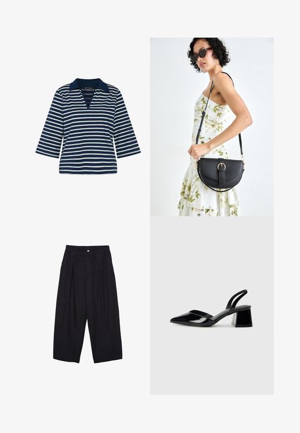 Marinblå och vitrandig tröja med krage, V-ringning och trekvartsärmar, tillverkad av mjukt tyg.; Svarta polyester culottbyxor med elastisk midja, två framfickor och en lös silhuett. Inga synliga mönster eller hårdvarudetaljer.; Svarta lackläder slingback klackar med spetsig tå och geometrisk klack. Har en elegant, minimalistisk design och slät yta.; Svart läderhandväska med en böjd form, avtagbar rem och guldiga detaljer. Väskan har ett lock med en spänndetalj.